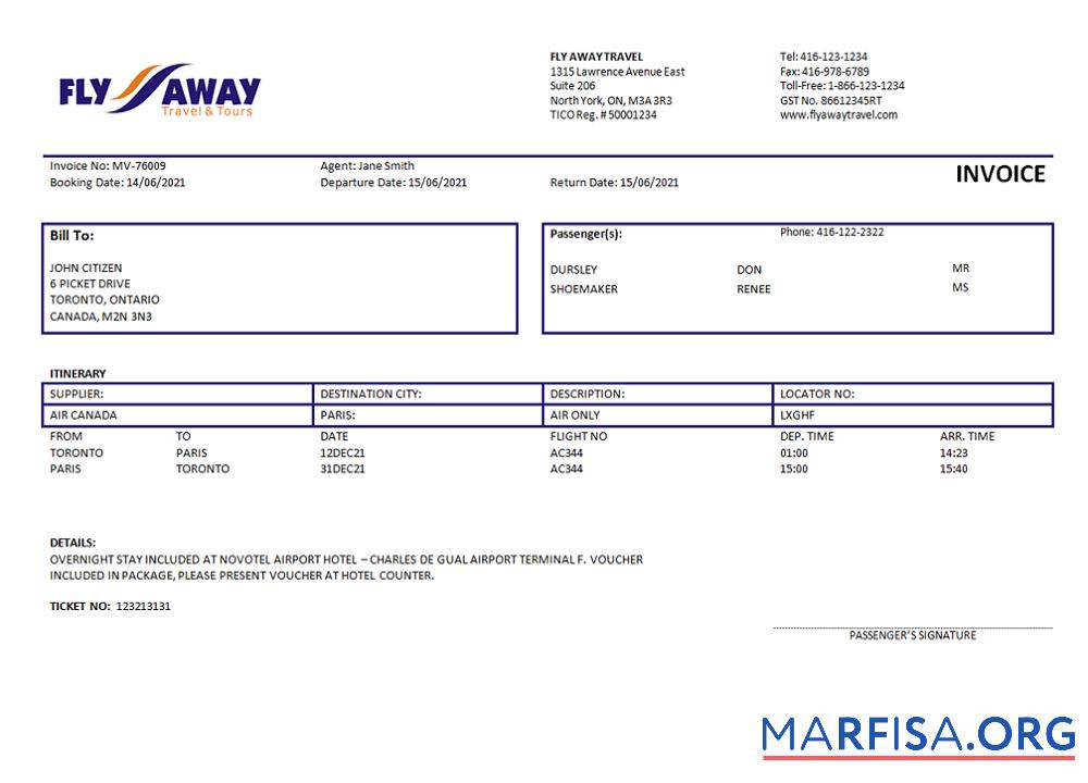 Downloadable USA Fly Away Travel agency invoice example